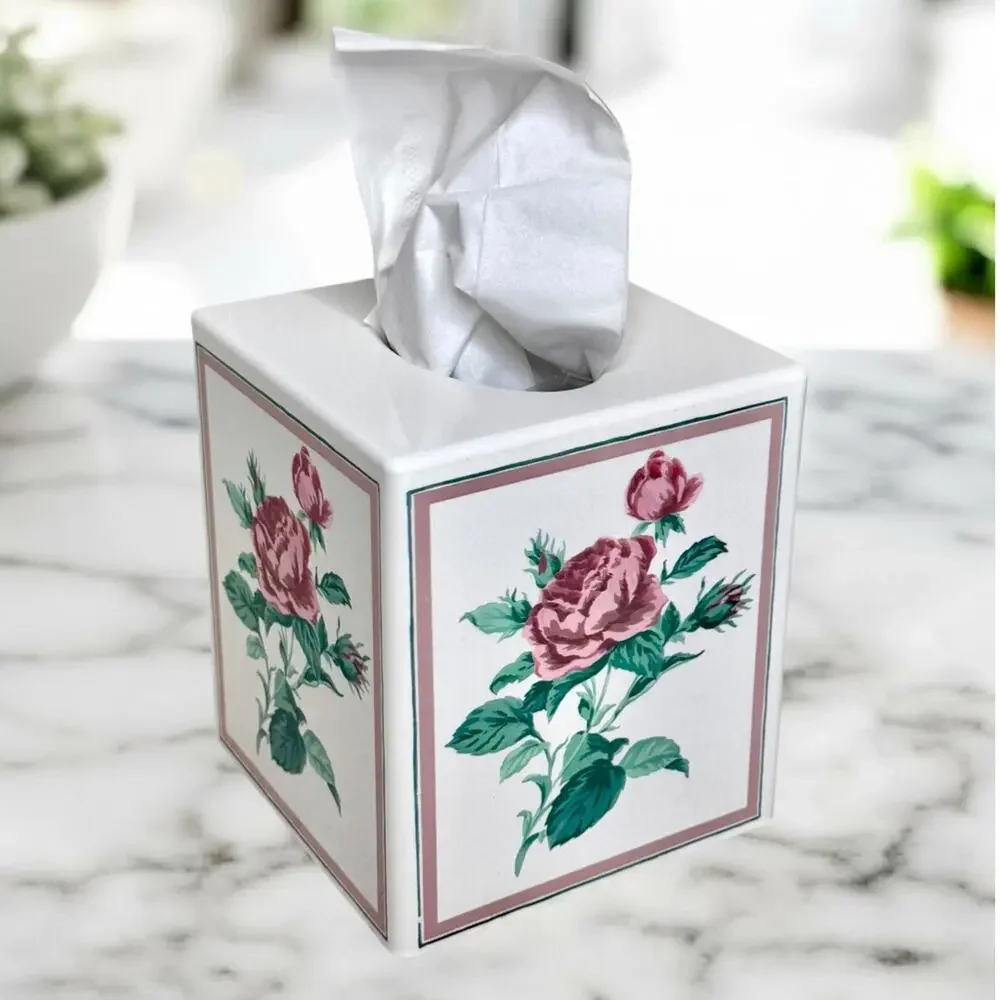 New Vintage SEARS Classic Rose Tissue Box Cover Floral Cottage Plastic Square